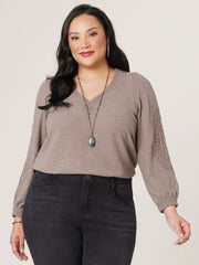Long Sleeve Crochet Detailing Sweetheart Neckline Plus Size Knit Top