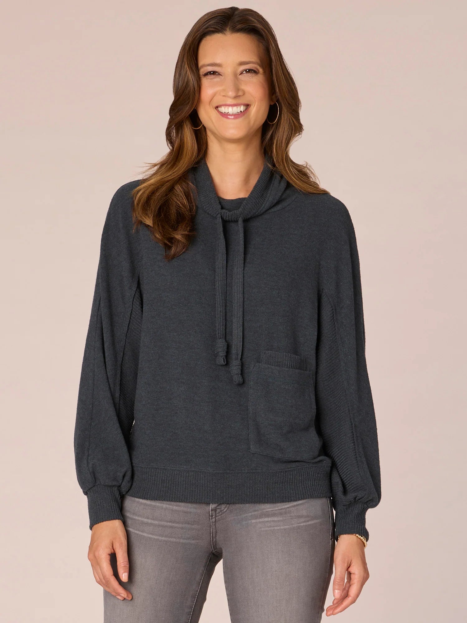 Long Sleeve Double Pocket Petite Knit Top with Funnel Neck Ties