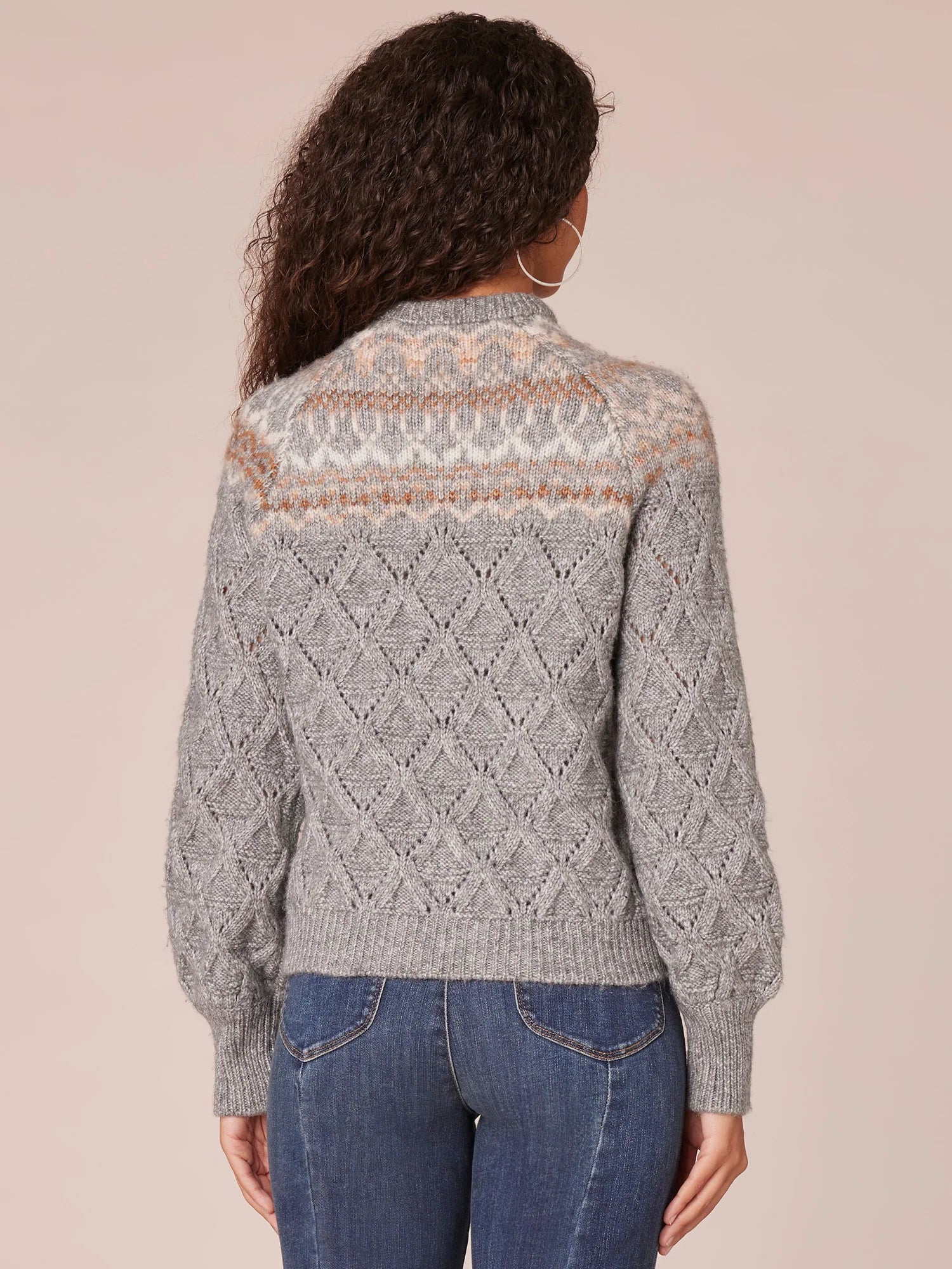 Long Sleeve Round Neck Fair Isle Yoke Pointelle Mix Sweater
