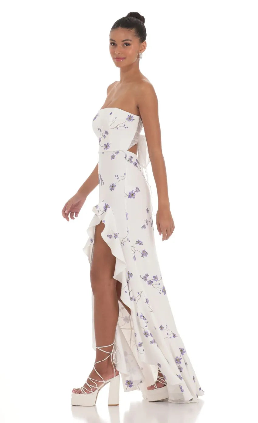 Strapless Back Bow Corset Maxi Dress in Navy
