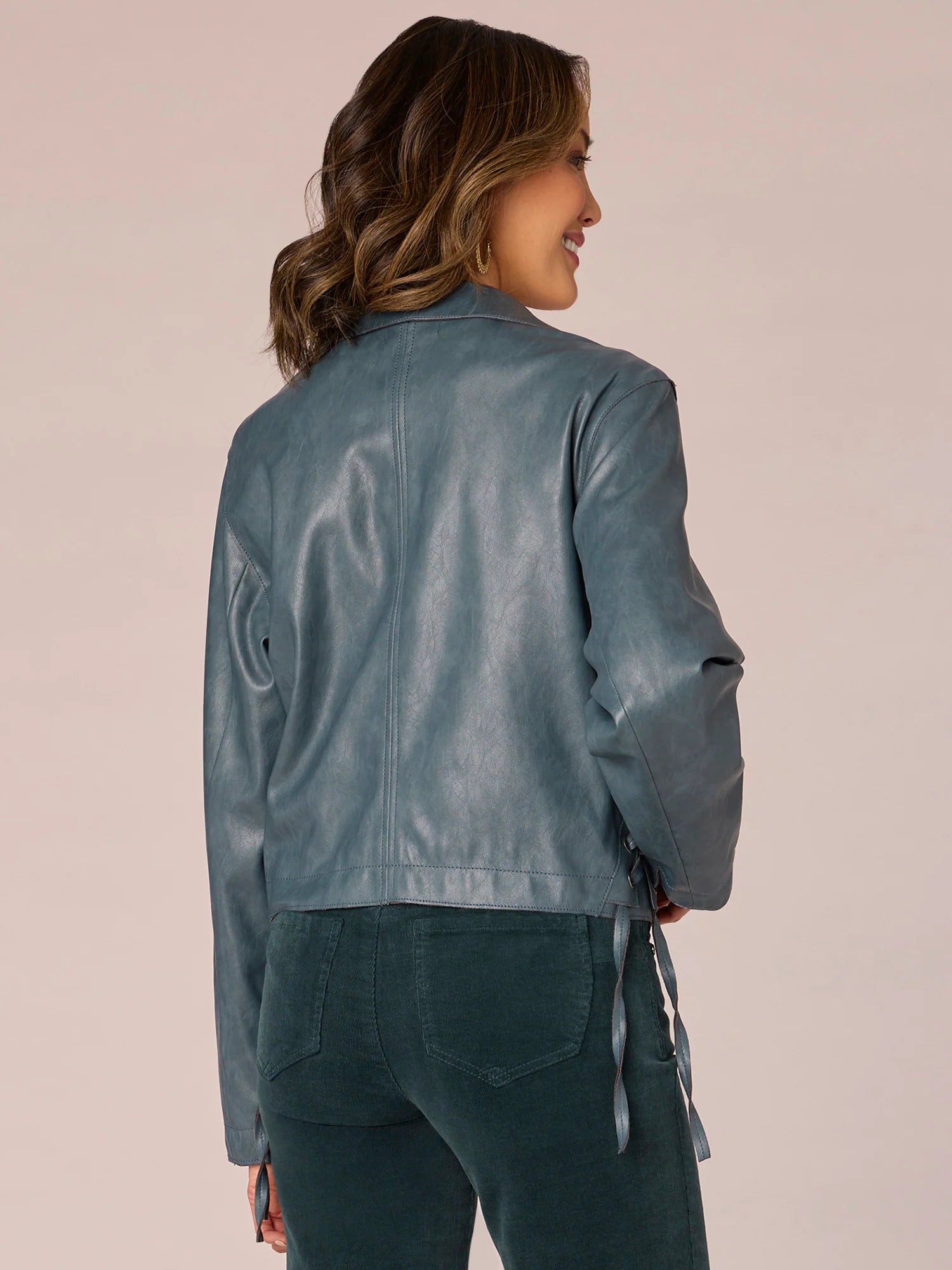 Long Sleeve Button Front Cropped Moto Jacket with Lace Down Sides