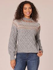 Long Sleeve Round Neck Fair Isle Yoke Pointelle Mix Sweater