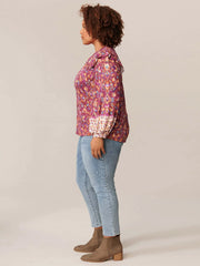 Long Sleeve Ruffle Collar Abstract Placement Print Plus Knit Top