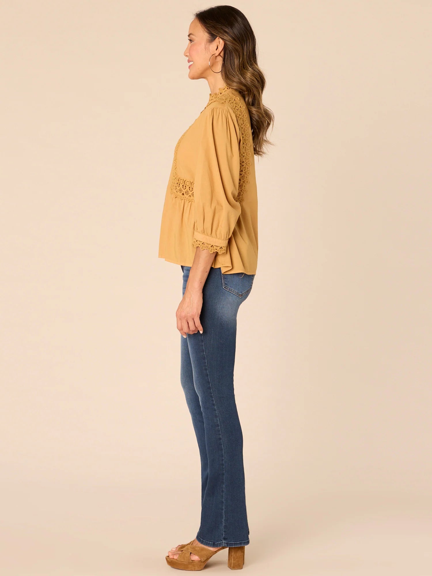 Three Quarter Sleeve Stand Collar Crochet Lace Insert Woven Top