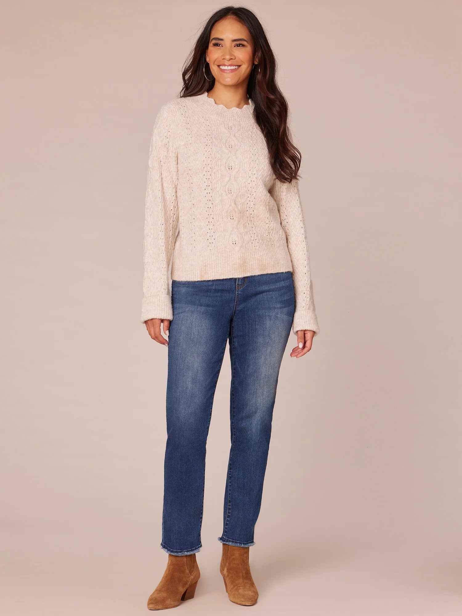 Long Sleeve Scallop Round Neck Pointelle Straight Hem Petite Sweater