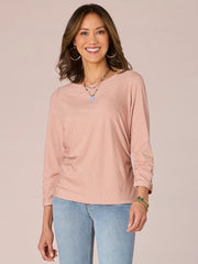 Three Quarter Sleeve Scoop Neck Ruched Side Shiny Petite Knit Top
