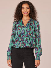 Long Sleeve Overlap Front V-Neck Printed Petite Woven Top