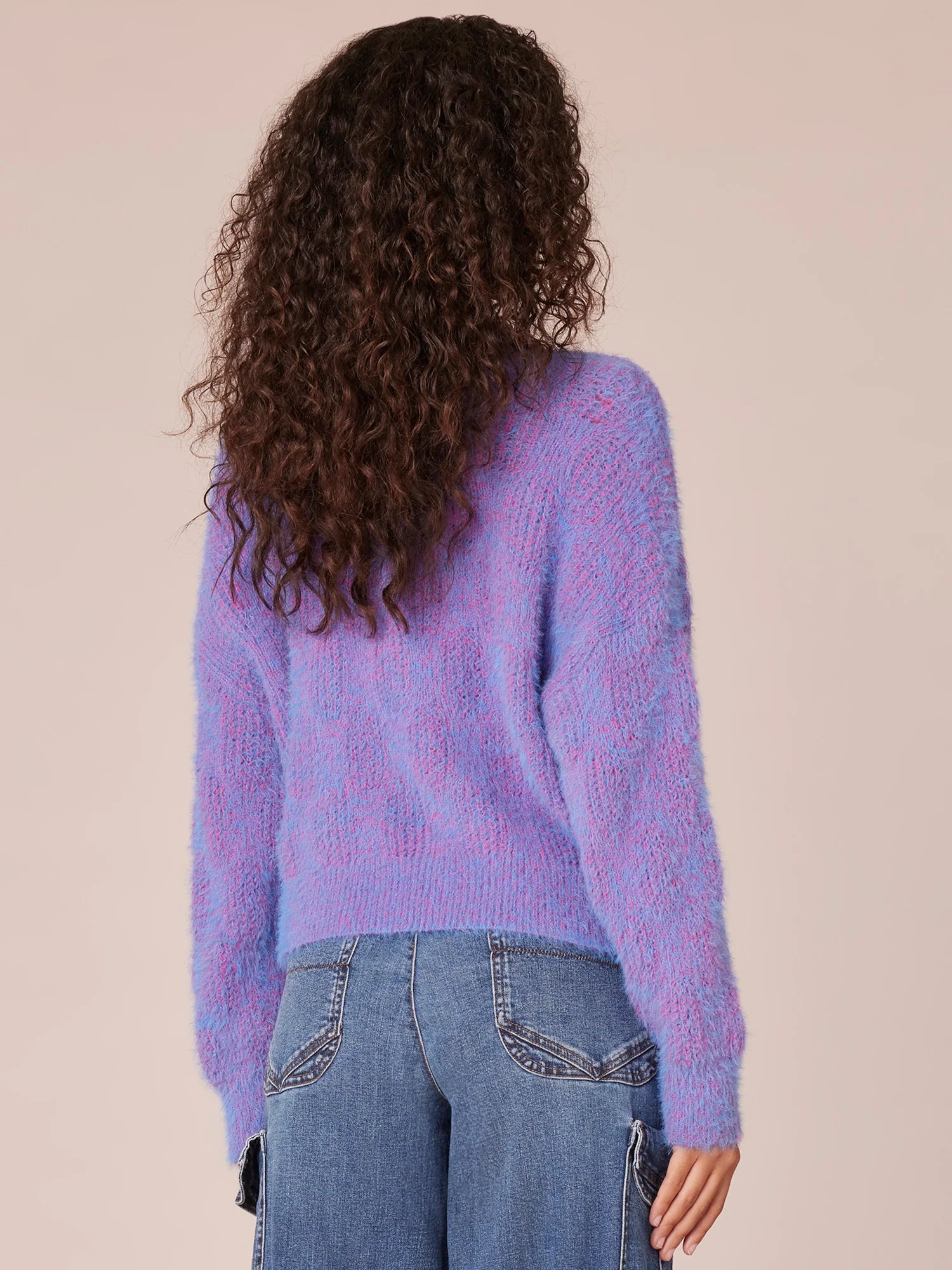 Long Sleeve Double V-Neck Two Tone Eyelash Sweater