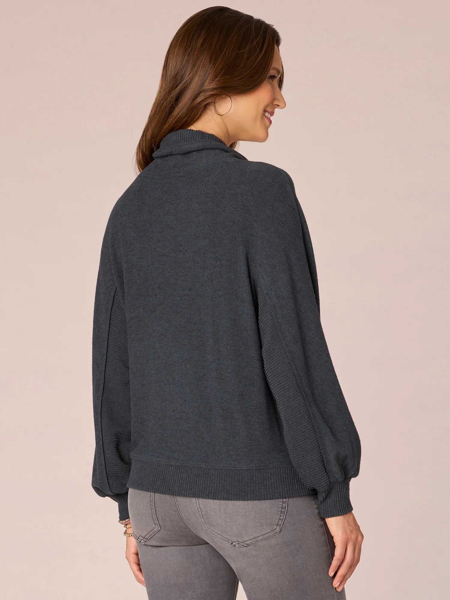 Long Sleeve Double Pocket Petite Knit Top with Funnel Neck Ties