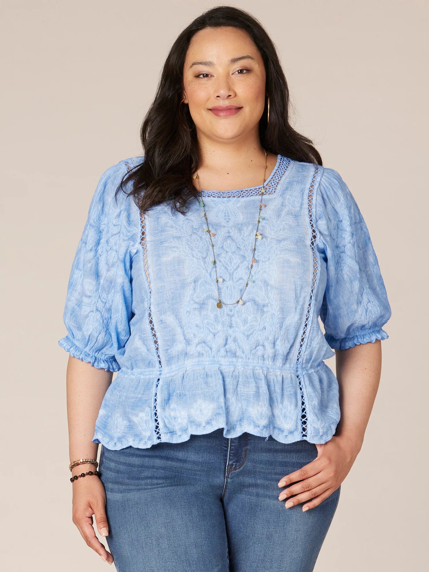 Three Quarter Sleeve Square Neck Mineral Wash Plus Size Woven Top