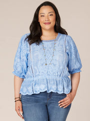 Three Quarter Sleeve Square Neck Mineral Wash Plus Size Woven Top