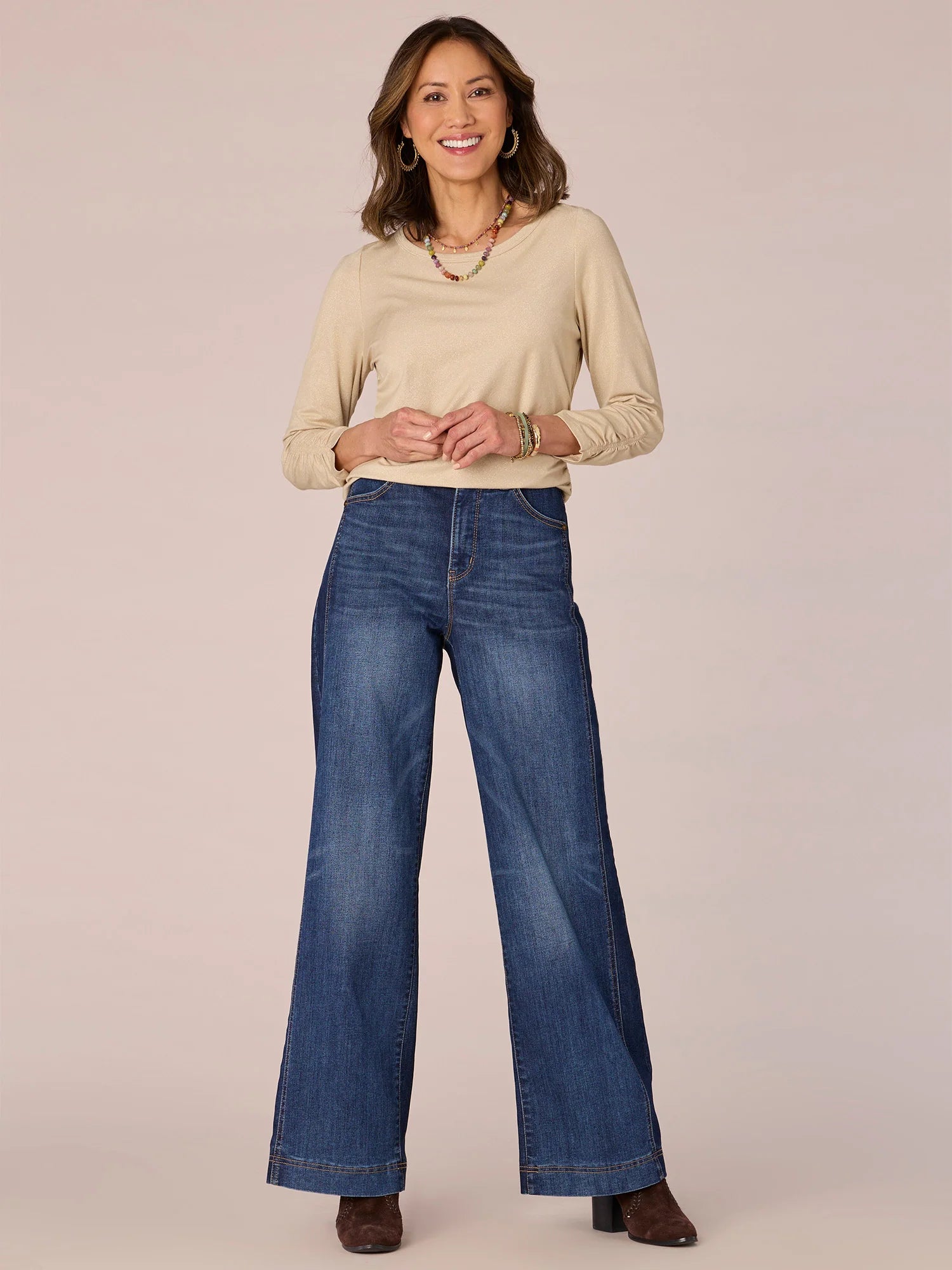 Three Quarter Sleeve Scoop Neck Ruched Side Knit Top