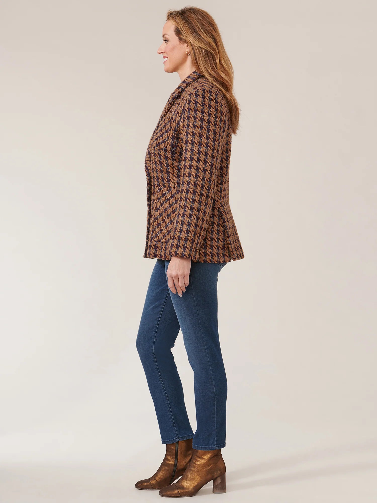 Long Sleeve Patch Pocket Houndstooth Double Breasted Blazer