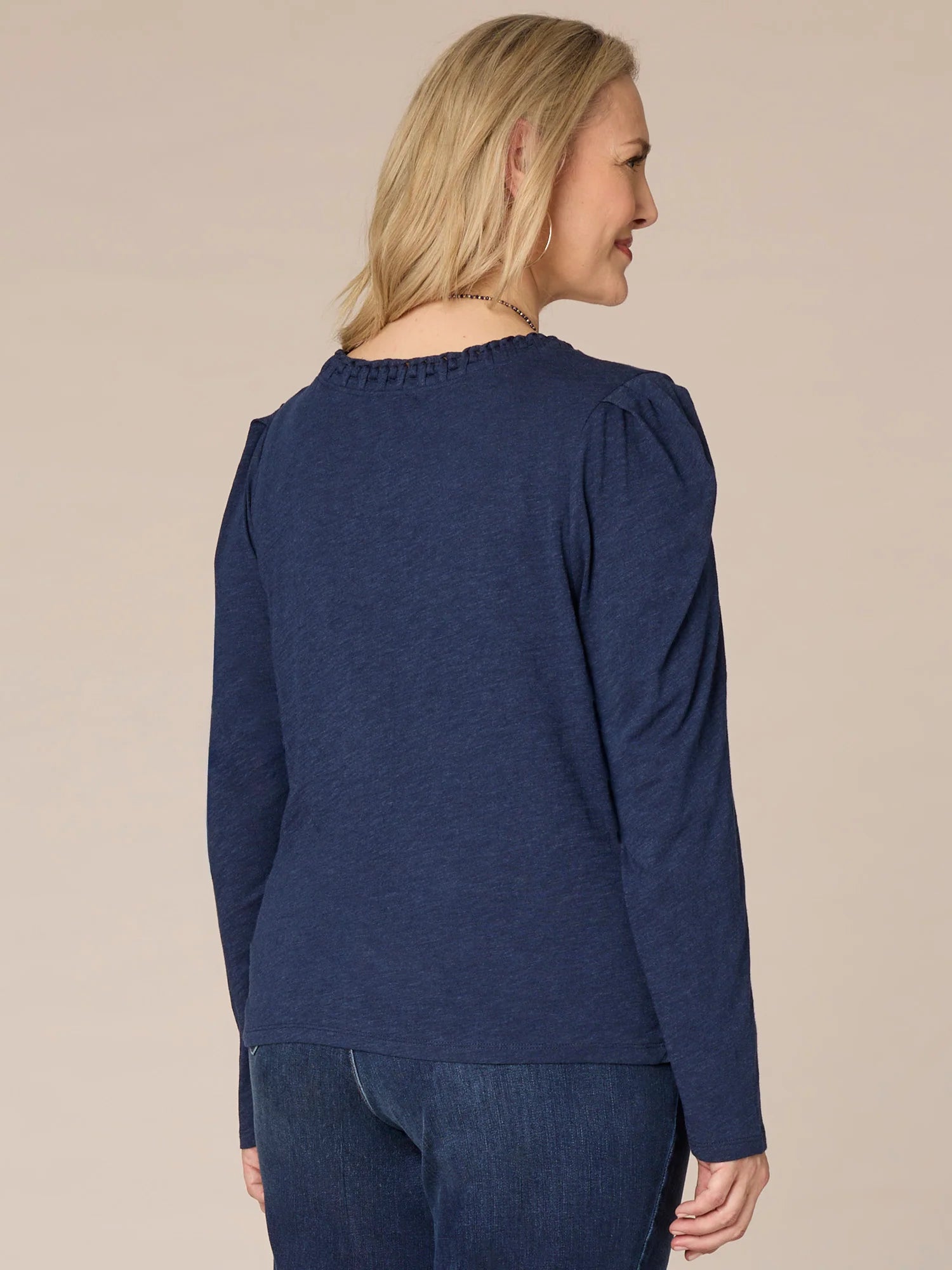 Long Sleeve Ruched Plus Size Knit Top with Soutache Embroidered Neck
