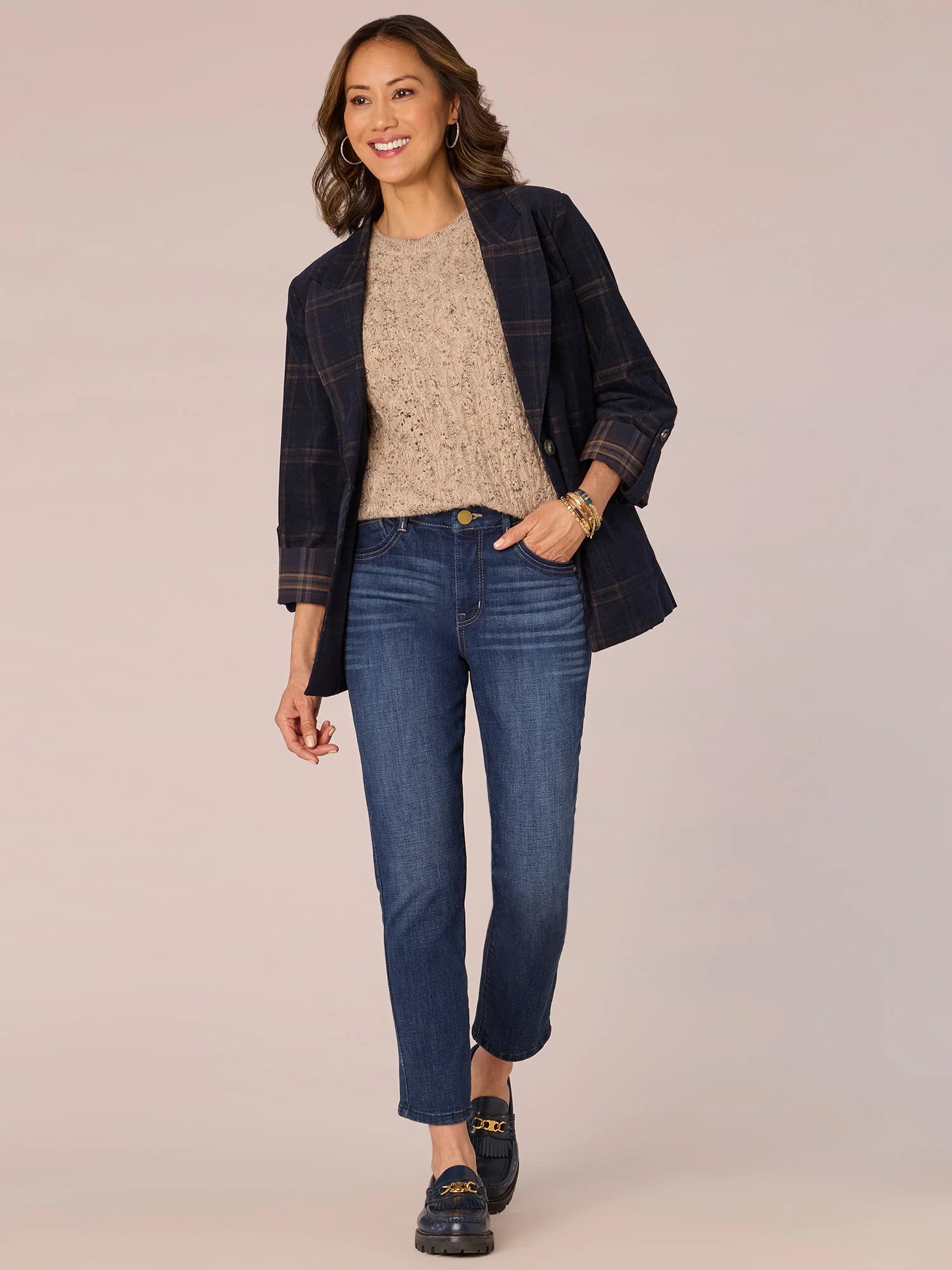 Long Sleeve Roll Tab Single Button Princess Seam Plaid Woven Blazer