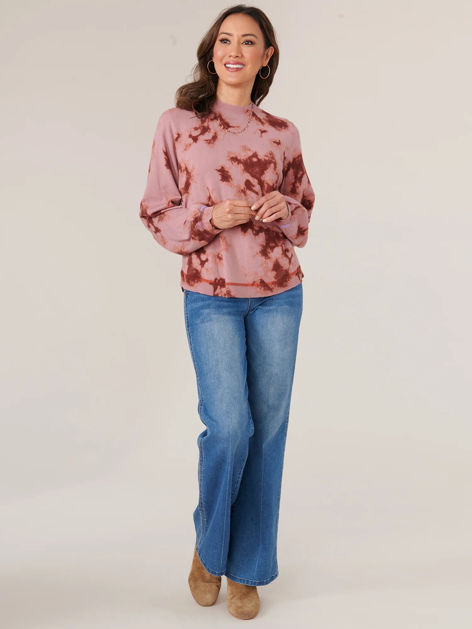 Long Sleeve Mock Neck Rounded Hem Abstract Print Petite Sweater