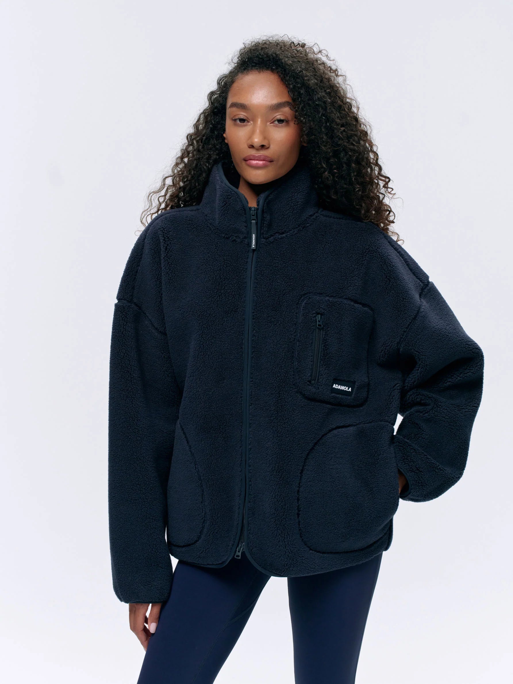 Oversized Pocket Zip Through Fleece - Navy Blue