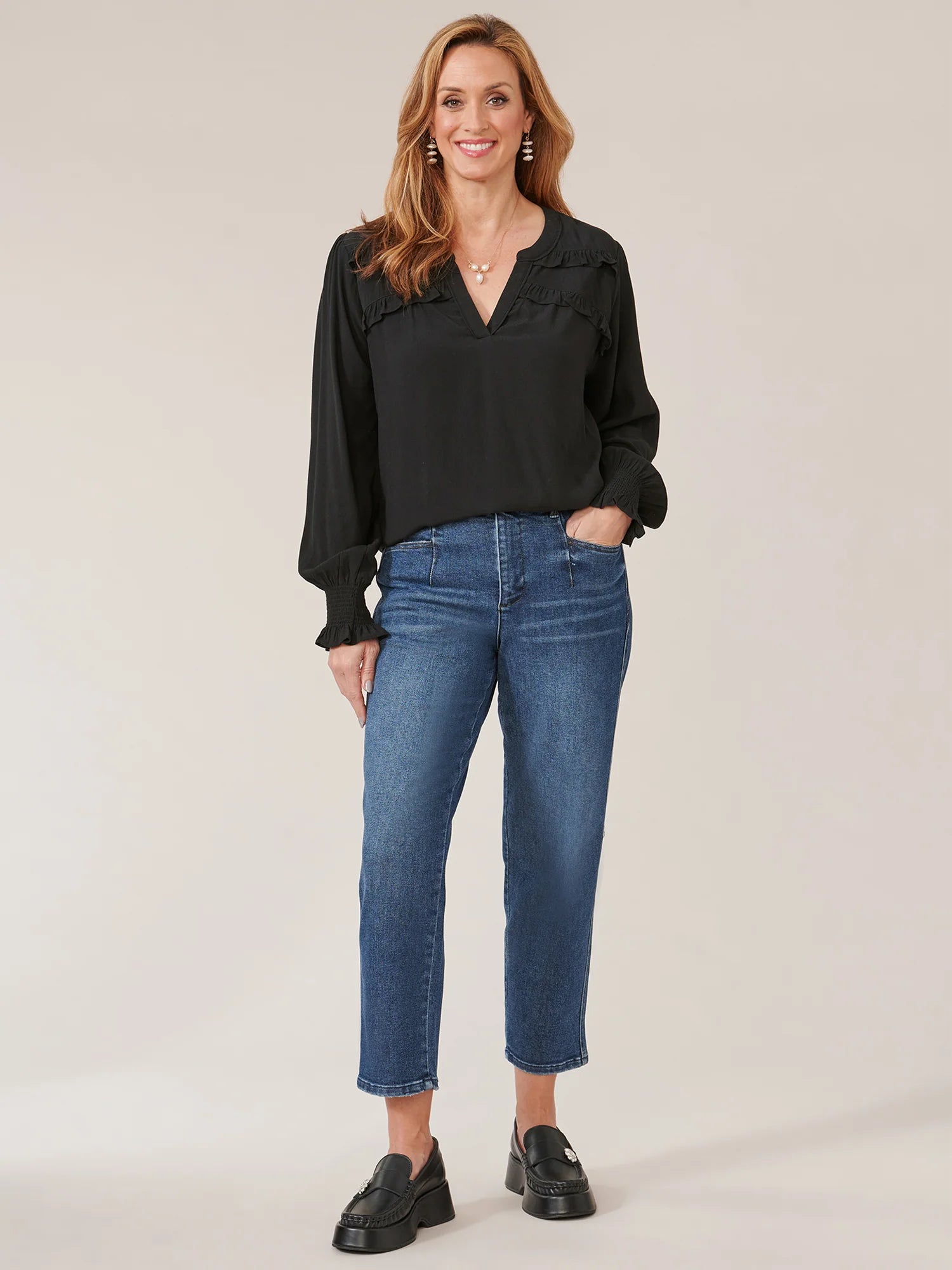 Long Sleeve Open V-Neck Double Ruffle Yoke Woven Top
