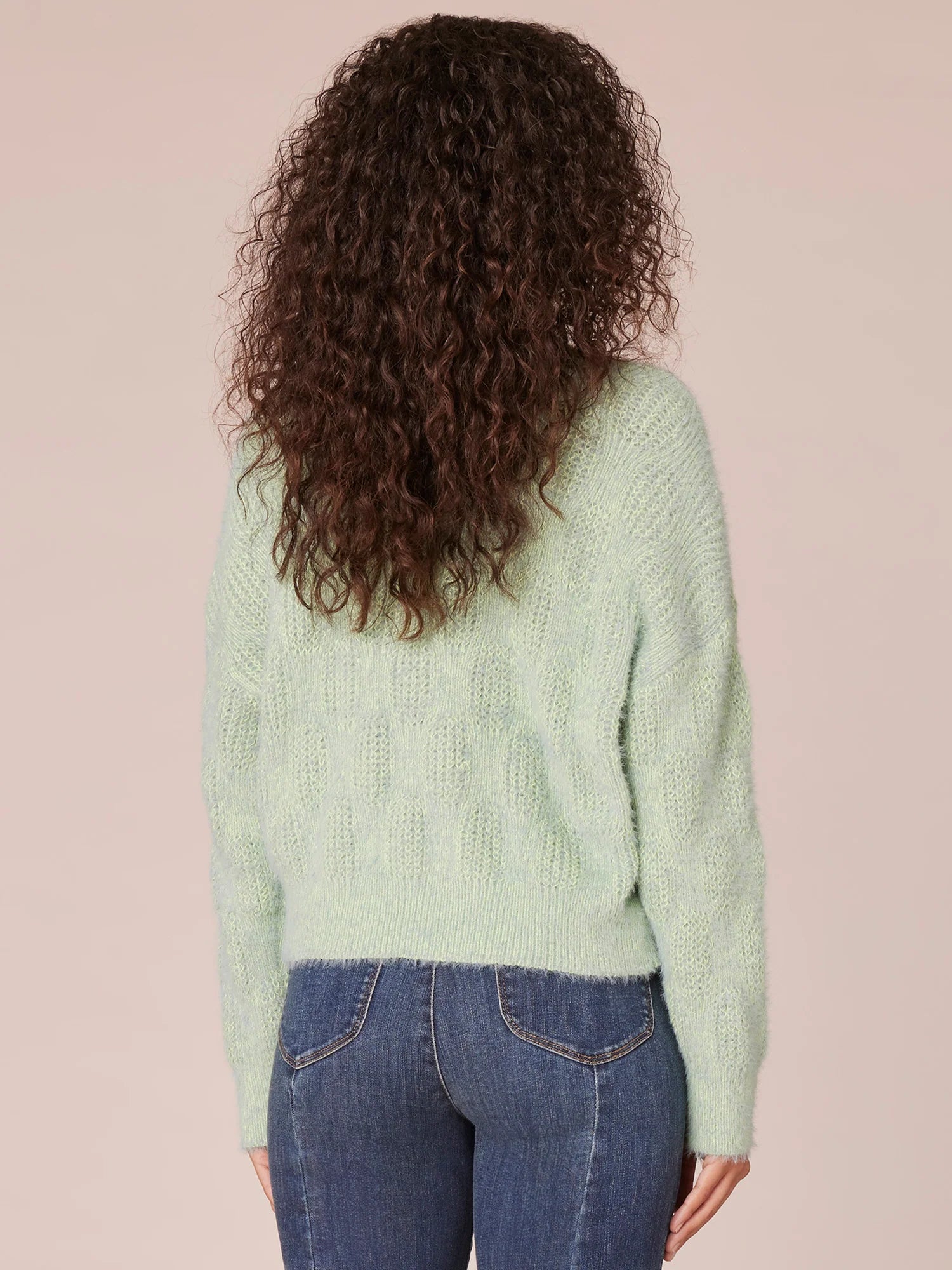 Long Sleeve Double V-Neck Two Tone Eyelash Sweater