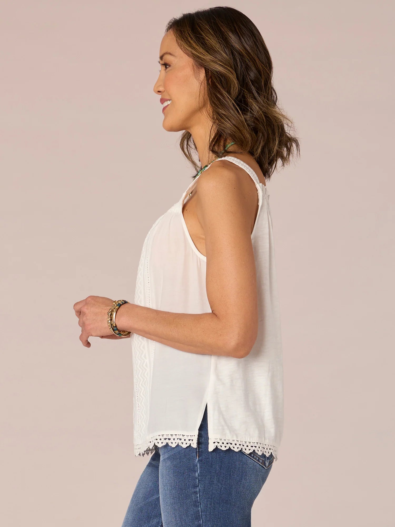 Wide Strap Ruched Square Neck Embroidered Scallop Edge Woven Tank Top