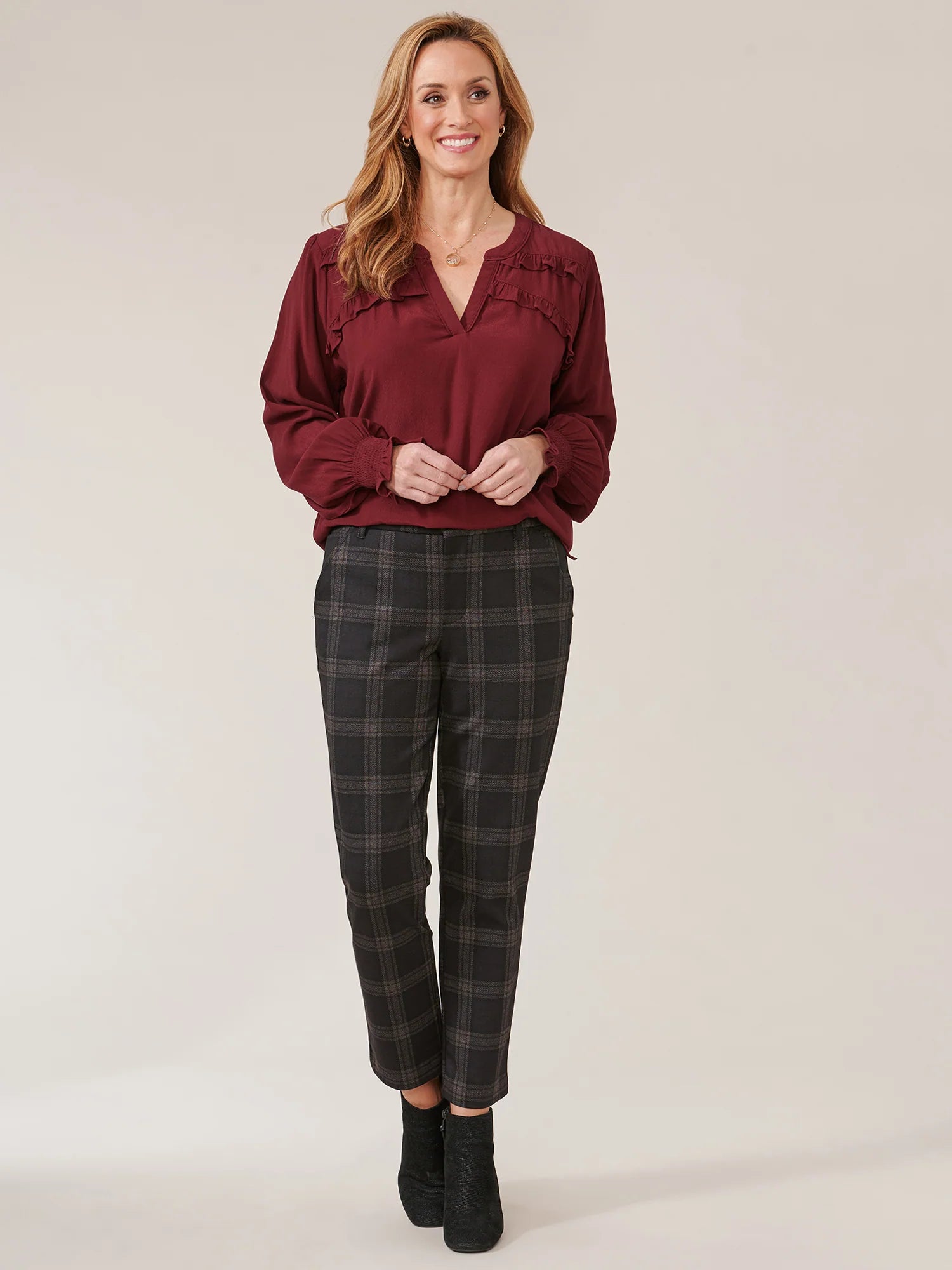 Long Sleeve Open V-Neck Double Ruffle Yoke Woven Top