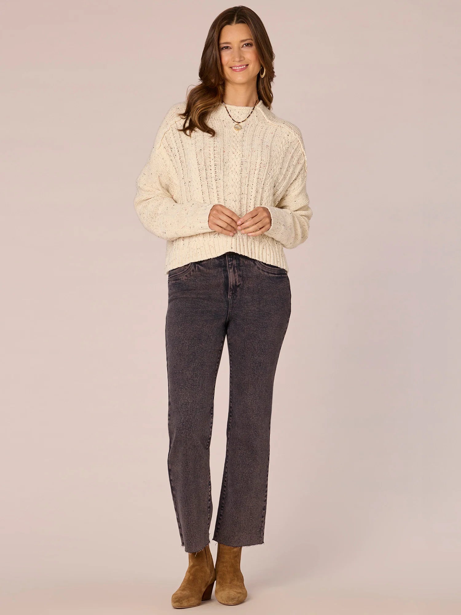 Long Sleeve Funnel Neck Placement Cable Knit Sweater
