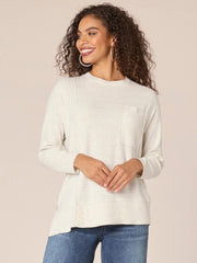 Long Sleeve Scoop Neck Asymmetrical Hem Mixed Media Knit Top
