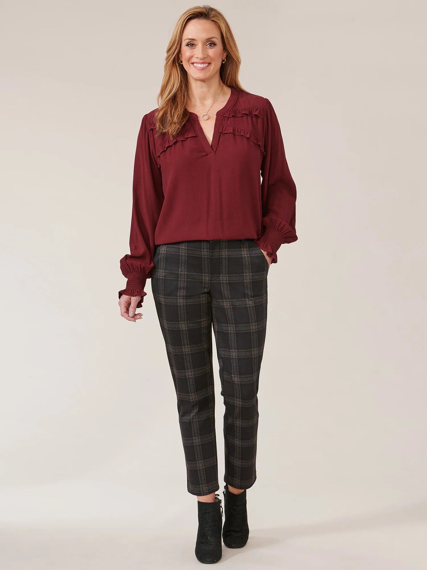 Long Sleeve Open V-Neck Double Ruffle Yoke Woven Top