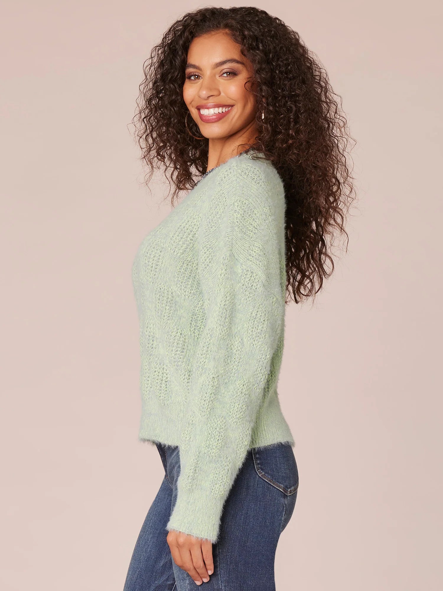 Long Sleeve Double V-Neck Two Tone Eyelash Sweater