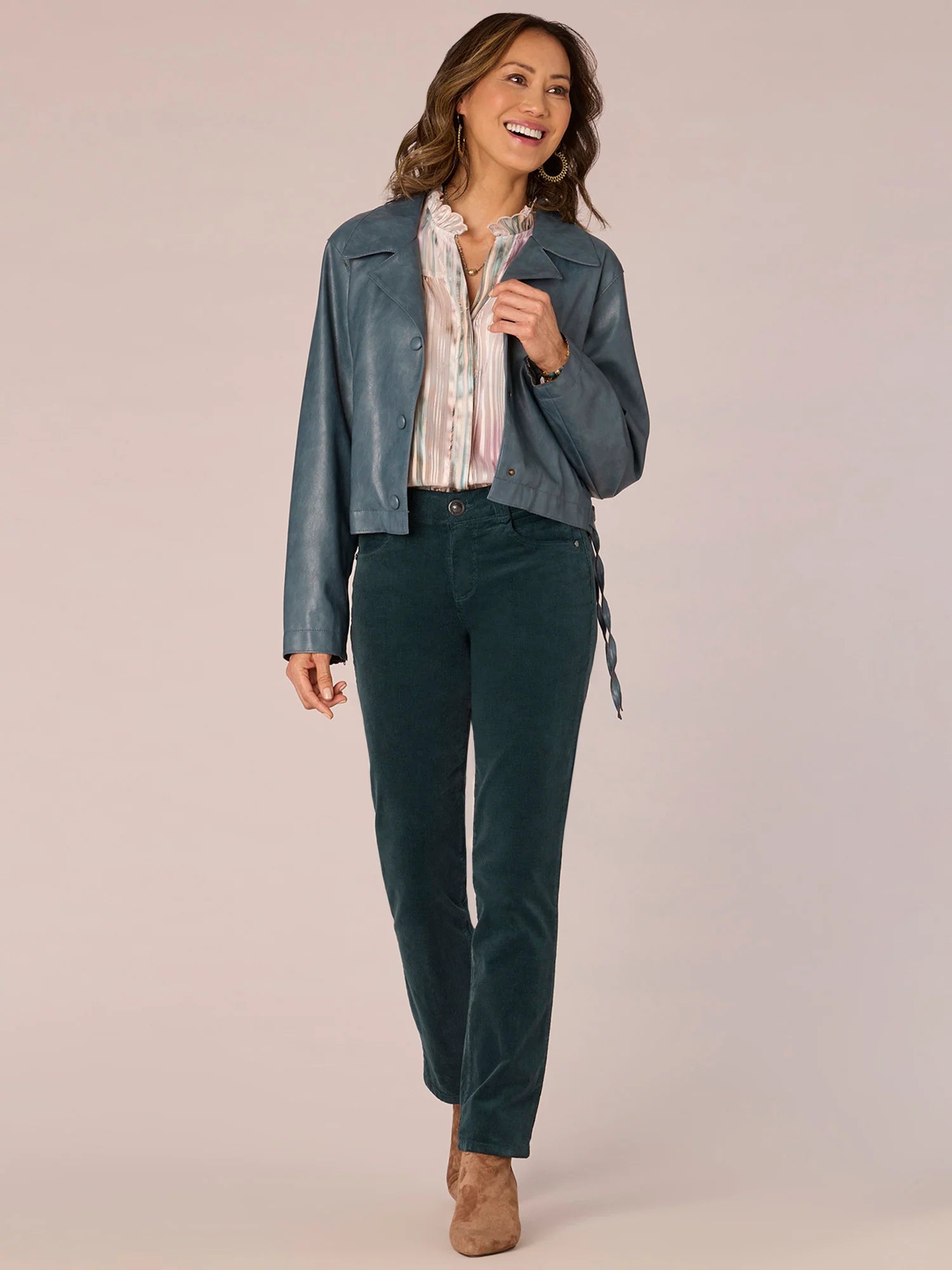 Long Sleeve Button Front Cropped Moto Jacket with Lace Down Sides