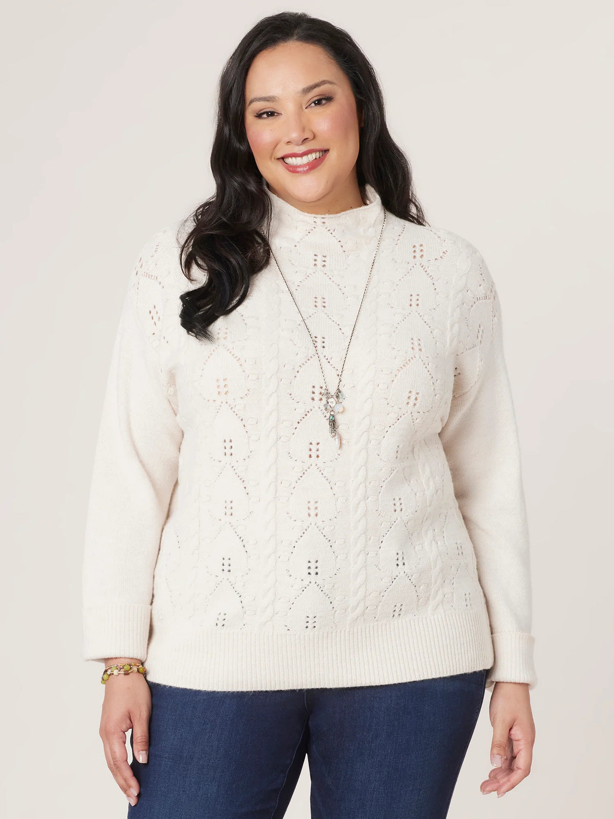Long Roll Sleeve Funnel Necked Popcorn Stitch Front Plus Size Sweater
