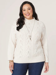 Long Roll Sleeve Funnel Necked Popcorn Stitch Front Plus Size Sweater
