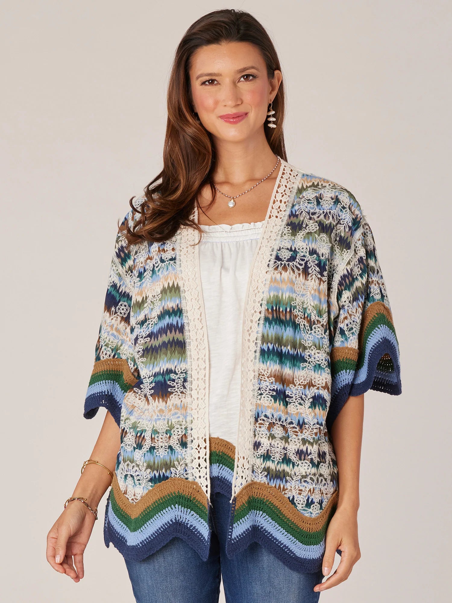 Three Quarter Sleeve Wavy Crochet Border Printed Kimono