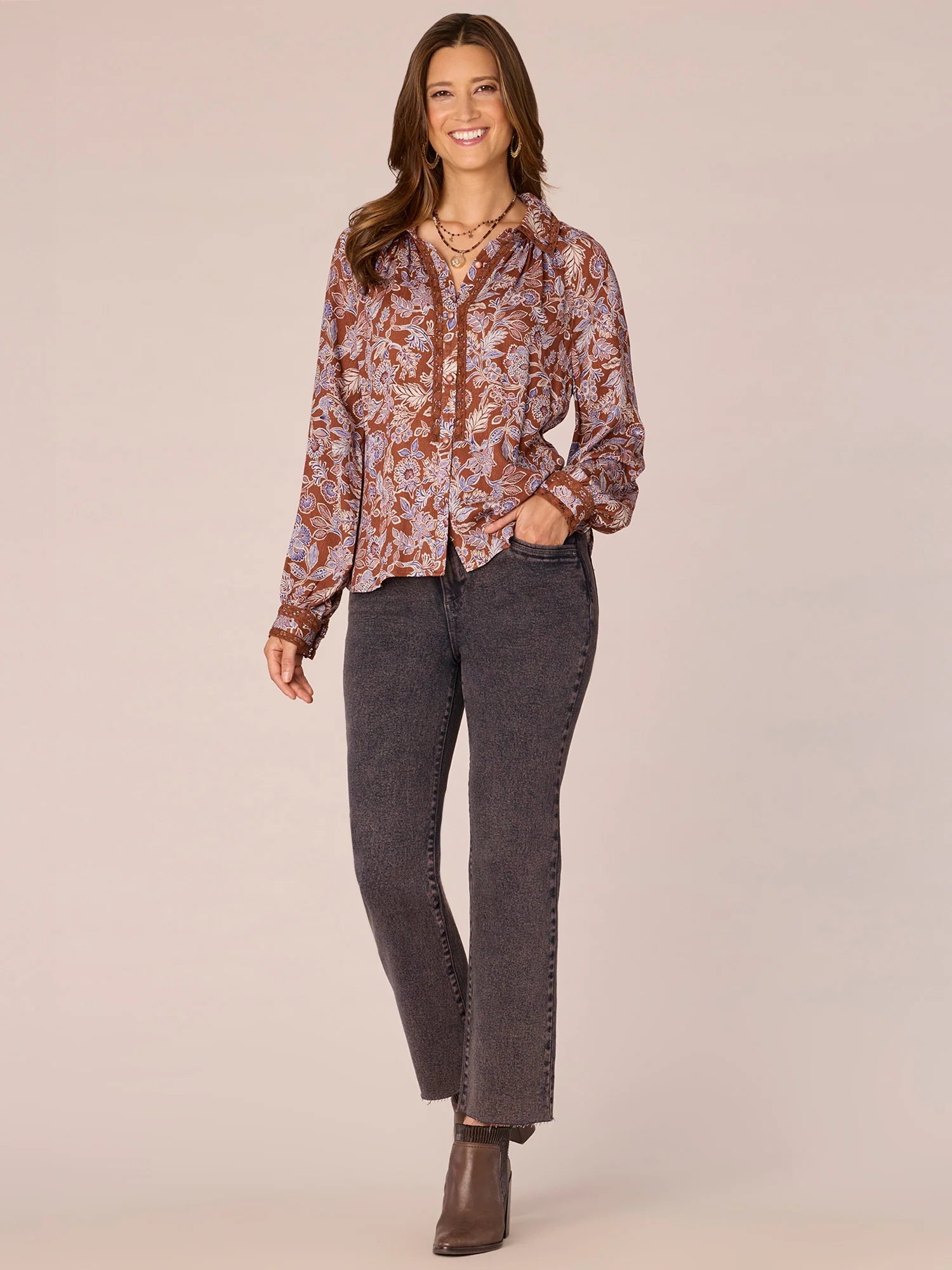 Long Sleeve Crochet Inset Placket Floral Print Woven Shirt